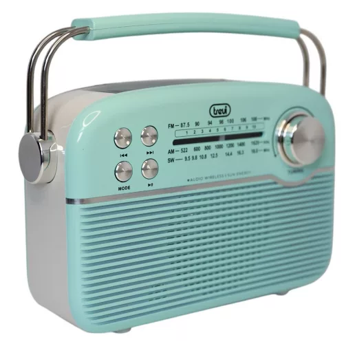 Trevi RA 7F50 BT Hordozható vintage napelemes rádió, Bluetooth-tal, USB és SD kártya bemenettel Tiffany zöld színben 