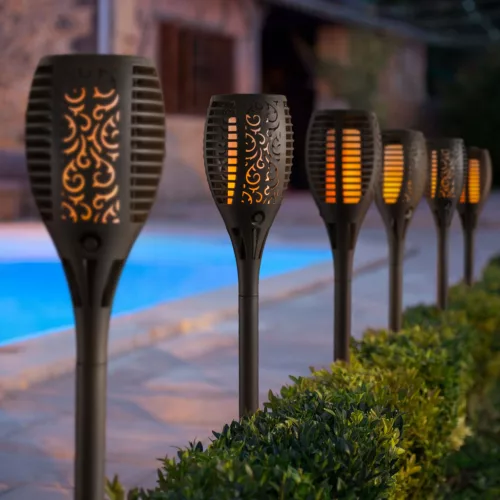 Garden of Eden 11262C LED-es szolár lámpa - leszúrható - lángeffekt - 12 sárga LED - műanyag - fekete - 10 x 58 cm