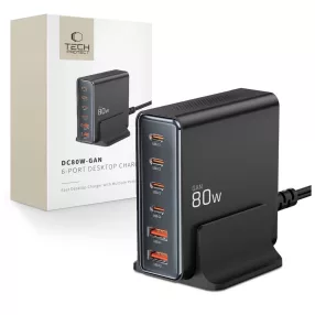   Tech-Protect DC80W-GAN (PD80W/QC3.0) 6-Portos Asztali Töltő Fekete