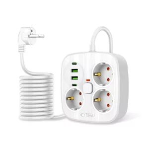   Tech-Protect PCS3X4 Power Strip elosztó 2*USB-C+2*USB-A 2M fehér