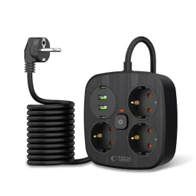  Tech-Protect PCS3X4 Power Strip elosztó 2*USB-C+2*USB-A 2M fekete