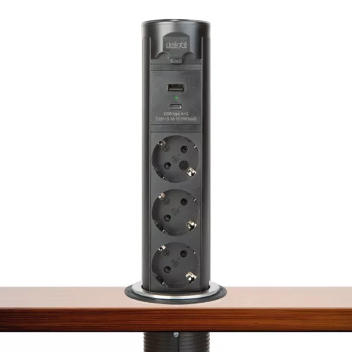 Delight 20453B Motoros rejtett elosztó - "Touchcontrol" - 3-as + USB + Type-C - fekete