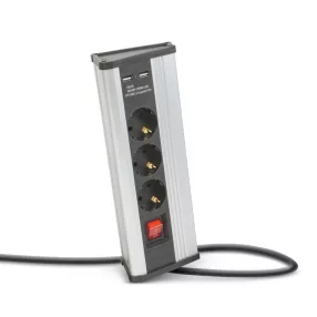   Delight 20483S Sarokelosztó - kapcsolós - 3 x 250V, 16A - 2 x USB, 2,1A - alumínium ház