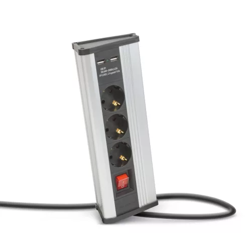 Delight 20483S Sarokelosztó - kapcsolós - 3 x 250V, 16A - 2 x USB, 2,1A - alumínium ház