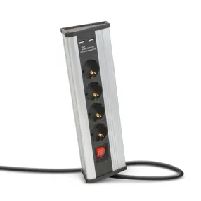   Delight 20484S Sarokelosztó - kapcsolós - 4 x 250V, 16A - 2 x USB, 2,1A - alumínium ház