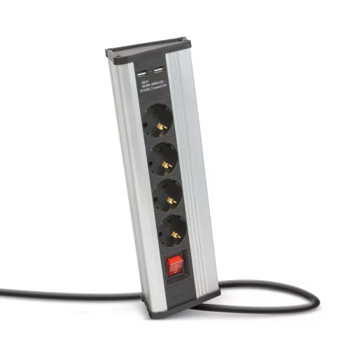 Delight 20484S Sarokelosztó - kapcsolós - 4 x 250V, 16A - 2 x USB, 2,1A - alumínium ház