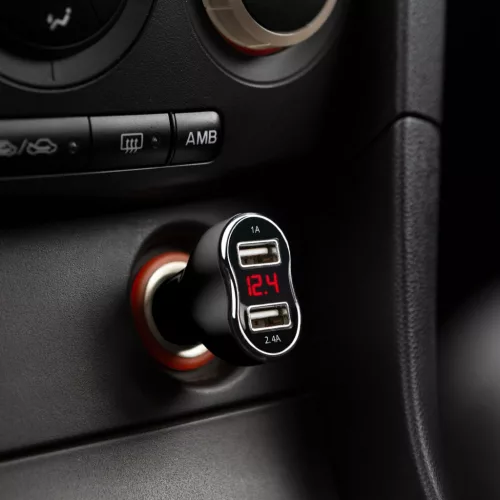 MNC 55055BK Autós szivargyújtó adapter - 2 x USB, feszültségmérővel és árammérővel - fekete