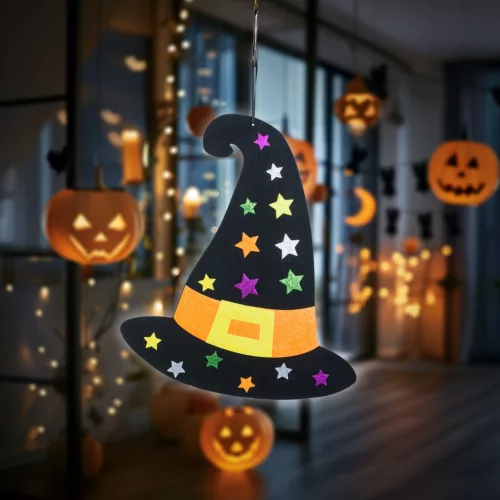 Family 56555B Halloween-i dekoráció - boszorkánykalap - akasztható - filc - 38 x 33 cm