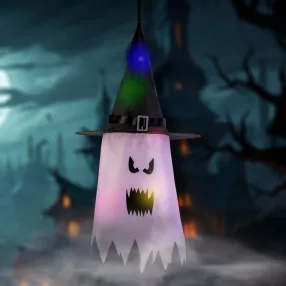   Family 56569B Halloween-i LED dekor - szellem - rózsaszín - 10 színes LED - akasztható - 2 x 2032 - 75 x 35 cm