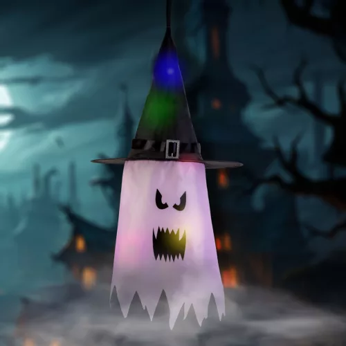 Family 56569B Halloween-i LED dekor - szellem - rózsaszín - 10 színes LED - akasztható - 2 x 2032 - 75 x 35 cm