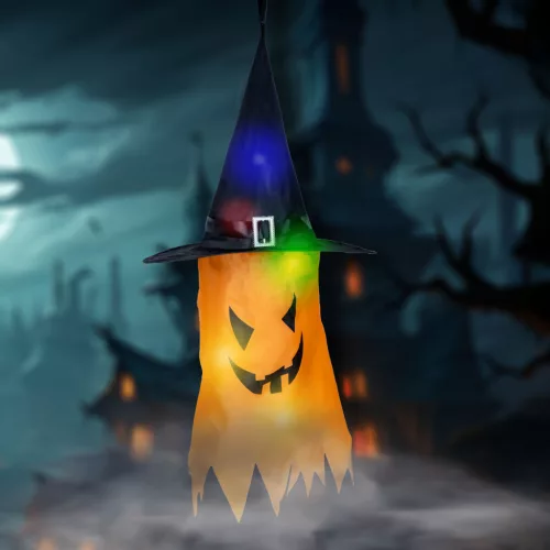 Family 56569C Halloween-i LED dekor - szellem - sárga - 10 színes LED - akasztható - 2 x 2032 - 75 x 35 cm