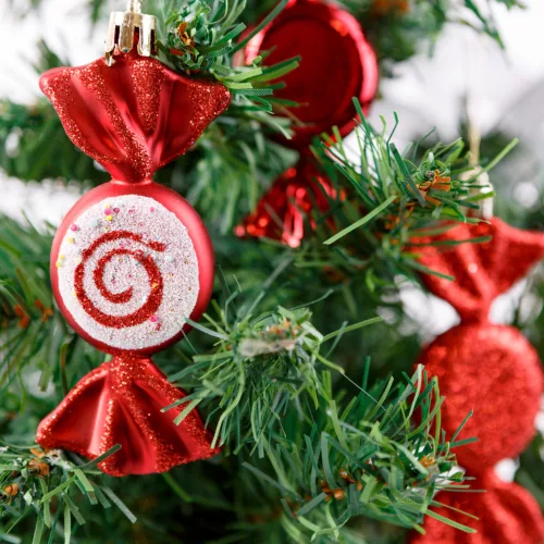 Family 58782C Karácsonyfadísz szett - piros cukor - 10 x 3,6 cm - 6 db / szett