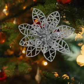   Family 58947B Karácsonyi dísz - csipeszes - glitteres virág - ezüst - 3 db / csomag