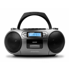   Aiwa BBTC-550MG Hordozható Retro Stílusú Kazetta, CD, MP3, USB, Bluetooth rádió, ezüstszürke színben