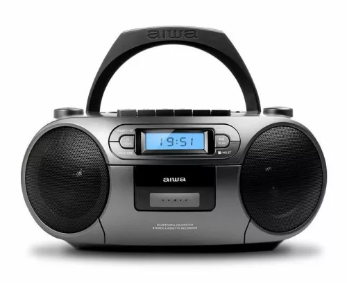 Aiwa BBTC-550MG Hordozható Retro Stílusú Kazetta, CD, MP3, USB, Bluetooth rádió, ezüstszürke színben