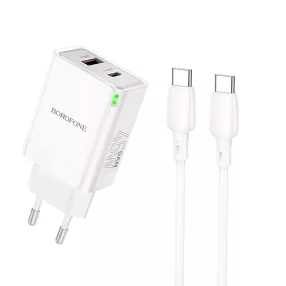   Borofone BN16 hálózati töltő USB + USB-C QC3.0 PD 45W + USB-C kábel, fehér