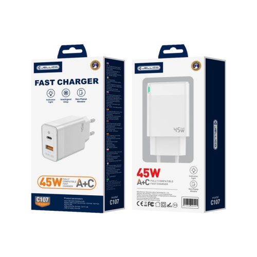 JELLICO hálózati töltő C107 GaN PD 45W 1xUSB-C + 1xUSB QC3.0 + kábel USB-C - Lightning Fehér