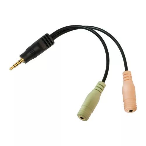 Logilink Audioadapter, 3,5 mm-es 4 tűs/M - 2x3,5 mm-es 3 tűs/F, fekete, 0,15 m (CA0021)