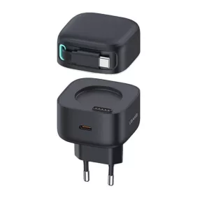  USAMS CC202TC01 Hálózati gyorstöltő GaN adapter 35W, visszahúzható usb-c kábellel, mágneses kábeldobbal