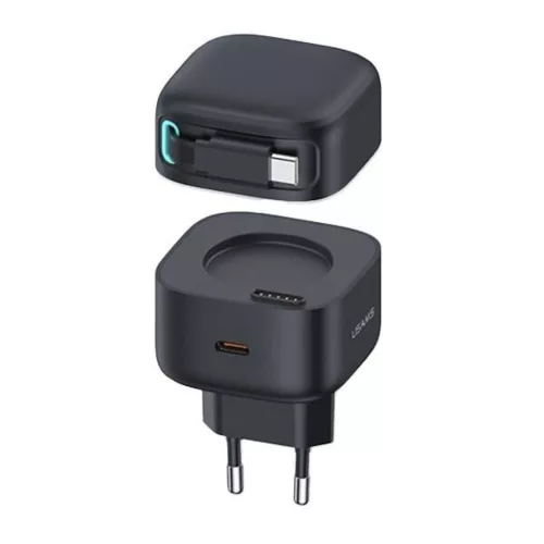 USAMS CC202TC01 Hálózati gyorstöltő GaN adapter 35W, visszahúzható usb-c kábellel, mágneses kábeldobbal