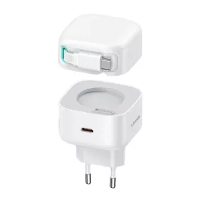   USAMS CC202TC02 Hálózati gyorstöltő GaN adapter 35W, visszahúzahtó usb-c kábellel, mágneses kábeldobbal