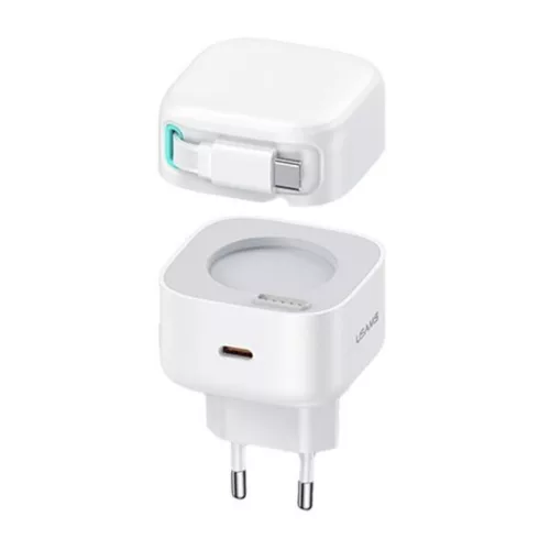 USAMS CC202TC02 Hálózati gyorstöltő GaN adapter 35W, visszahúzahtó usb-c kábellel, mágneses kábeldobbal