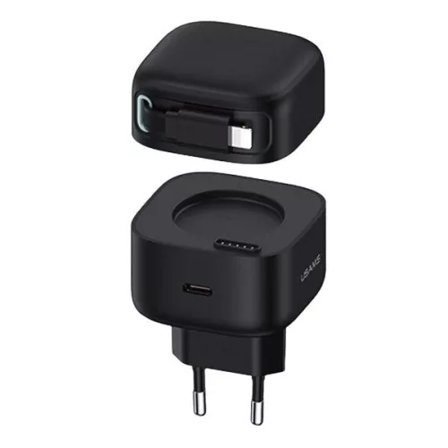 USAMS CC209TC01 Hálózati gyorstöltő GaN adapter 35W, visszahúzható lightning kábellel, mágneses kábeldobbal
