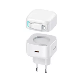   USAMS CC209TC02 Hálózati gyorstöltő GaN adapter 35W, visszahúzahtó lightning kábellel, mágneses kábeldobbal