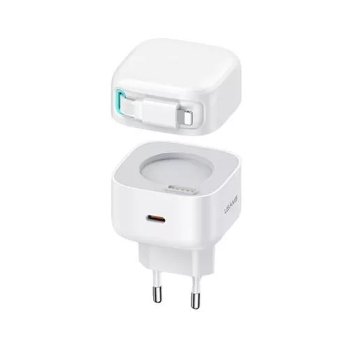 USAMS CC209TC02 Hálózati gyorstöltő GaN adapter 35W, visszahúzahtó lightning kábellel, mágneses kábeldobbal