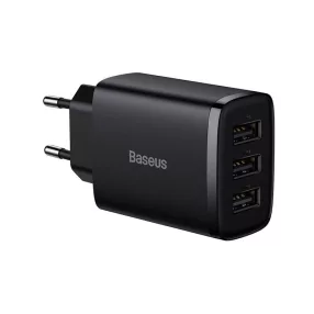   Baseus hálózati töltő, Compact töltő 3XUSB, 17W, EU, fekete (CCXJ020101)