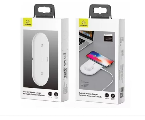 Usams CD120JN01 Wireless töltő egyszerre két eszköz vezeték nélküli töltésére telefonhoz és vezeték nélküli fülhallgatóhoz 1345794