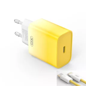   XO CE18 PD hálózati töltő USB-C 30W QC3.0  USB-C-Lightning kábellel– sárga-fehér