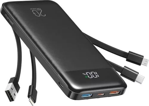 Charmast W1148 Power Bank 5V 3A 10000 mAh beépített kábellel USB A / USB C / Lightning / Micro USB fekete
