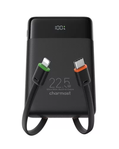 Charmast W1202 PD3.0 3A 22,5W 10000 mAh Power Bank beépített kábellel USB C / Lightning fekete