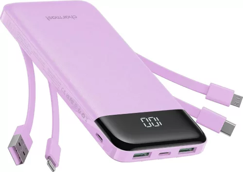 Charmast W1148 POWER BANK 5V 3A 10000 mAh beépített kábelekkel USB A / USB C / Lightning / Micro USB, lila