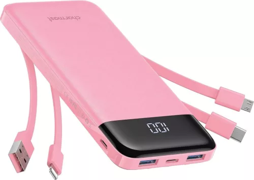 Charmast W1148 POWER BANK 5V 3A 10000 mAh beépített kábelekkel USB A / USB C / Lightning / Micro USB, pink