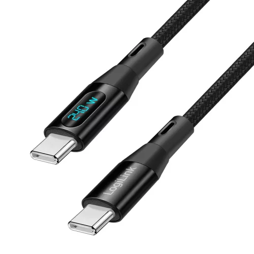 Logilink USB 2.0 Type-C kábel, C/M - C/M, 480 Mbit/s, 240W, kijelző, nejlon, fekete, 2 m