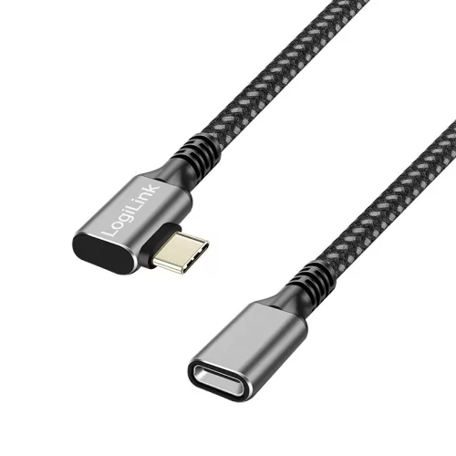 Logilink USB 3.2 Gen2 Type-C kábel, C/M 90  - USB-C/F, PD, AV, alu, fekete/szürke, 0,5 m (CUA0110)