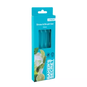   Baker's Secret DA00985 Baker's Secret - átlátszó üveg szívószál - 3 db hajlított +1 db tisztító kefe