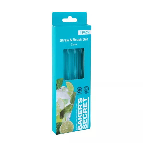 Baker's Secret DA00985 Baker's Secret - átlátszó üveg szívószál - 3 db hajlított +1 db tisztító kefe