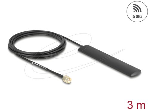 Delock WiFi 5,8 GHz Antenna RP-SMA-dugó 3 dBi mindenirányban, csatlakozó kábellel (RG-174, 3 m), fekete, öntapadós
