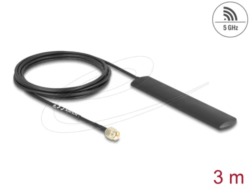 Delock WiFi 5,8 GHz Antenna RP-SMA-dugó 3 dBi mindenirányban, csatlakozó kábellel (RG-174, 3 m), fekete, öntapadós (DL-10035)