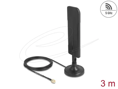 Delock WiFi 5,8 GHz-es antenna RP-SMA-dugó 3 dBi mindenirányú RG-174 csatlakozó kábellel 3 m, billenőcsuklóval és mágneses alappal, fekete színű (DL-10038)