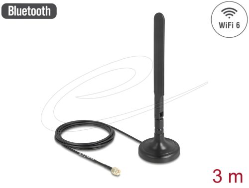 Delock WiFi 6-es antenna RP-SMA-dugó 3 dBi mindenirányú RG-174 csatlakozó kábellel 3 m, billenőcsuklóval és mágneses alappal, fekete színű