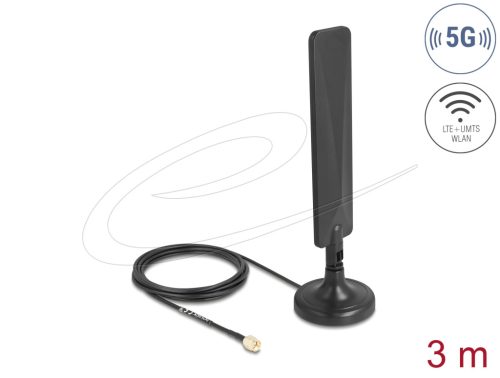 Delock 5G LTE-es antenna SMA-dugó 3 dBi mindenirányú RG-174 csatlakozó kábellel 3 m, billenőcsuklóval és mágneses alappal, fekete színű