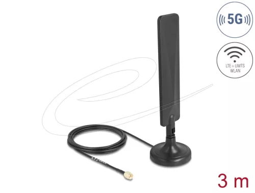 Delock 5G LTE-es antenna SMA-dugó 3 dBi mindenirányú RG-174 csatlakozó kábellel 3 m, billenőcsuklóval és mágneses alappal, fekete színű (DL-10040)