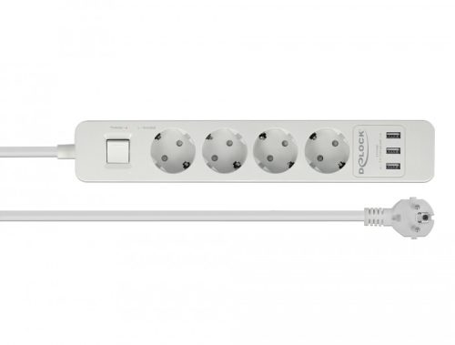 Delock Fehér színu négy foglalatú hosszabbítós konnektor USB töltovel és kisülés védelemmel