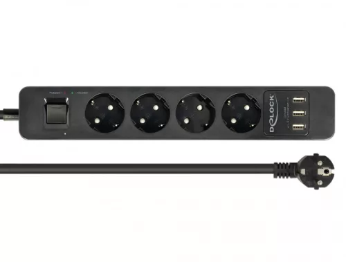Delock Fekete színu négy foglalatú hosszabbítós konnektor USB töltovel és kisülés védelemmel (DL-11209)