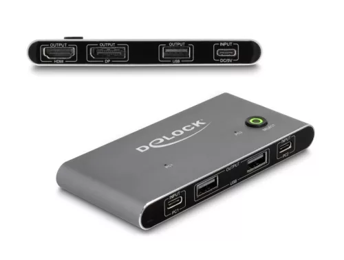 Delock USB-C -s KVM kapcsoló HDMI és DisplayPort-hoz 8K MST USB 2.0 csatlakozó felülettel (DL-11485)