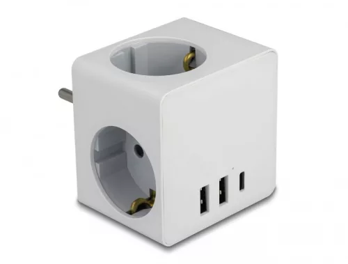 Delock 3-oldalú multi-csatlakozó kocka gyerekzárral és USB töltőfelülettel, fehér (DL-11496)